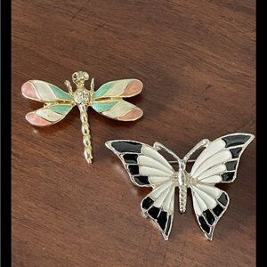 Vintage Dragonfly Gold Tone Butterfly Black White Silver Tone Brooch Pin Enamel